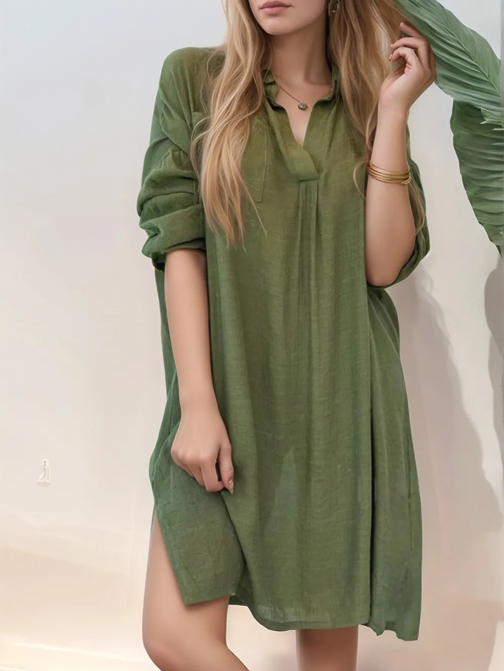 Full Size Side Slit Roll-Tab Sleeve Mini Shirt Dress Plus Size, image 7