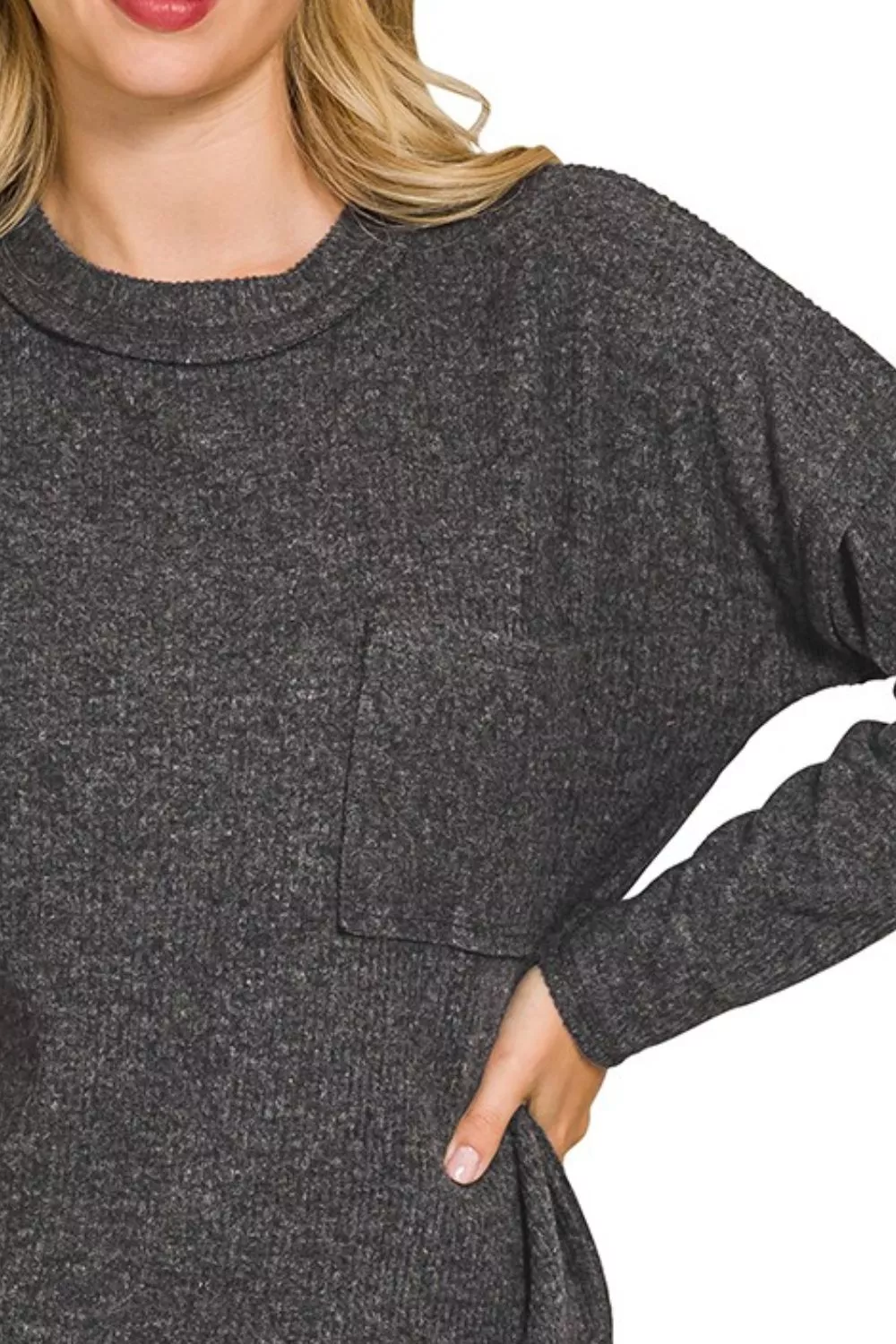 Ribbed Brushed Melange Hacci Sweater with Chest Pocket, image 2