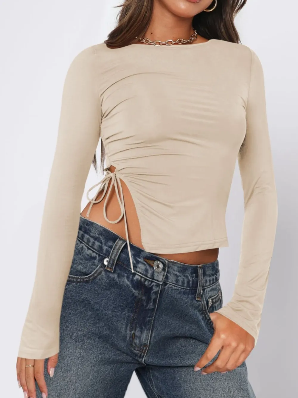 Tied Slit Round Neck Long Sleeve T-Shirt, image 2