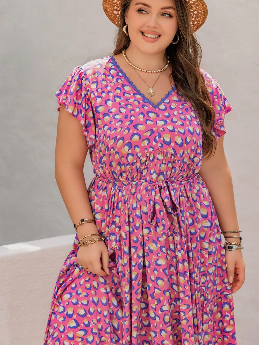 Plus Size Printed V-Neck Flutter Sleeve Tie Waist Maxi Dress, image 7