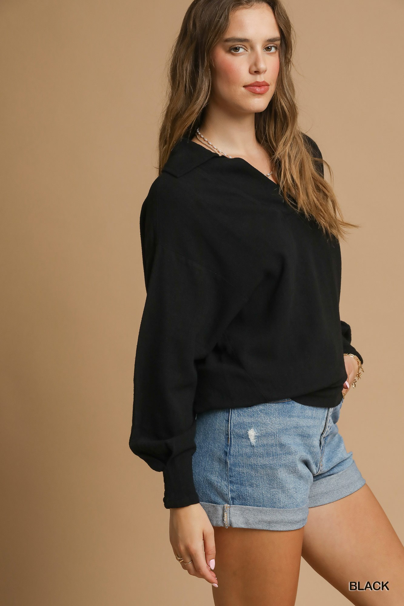 Linen Long Sleeves Elastic Hem Blouse, image 4