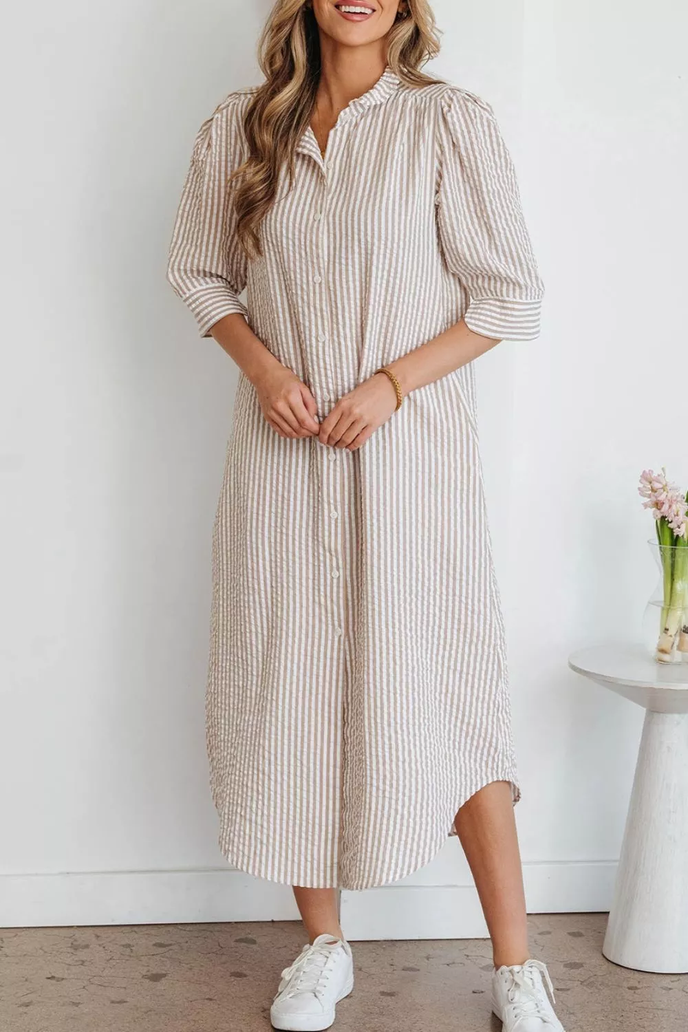 Stripe Frilled Collar Half Sleeve Shirt Dress, image 7