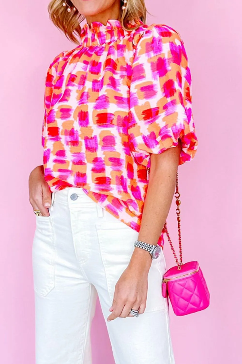 Abstract Print Button Back Ruffed Mock Neck Blouse, image 4