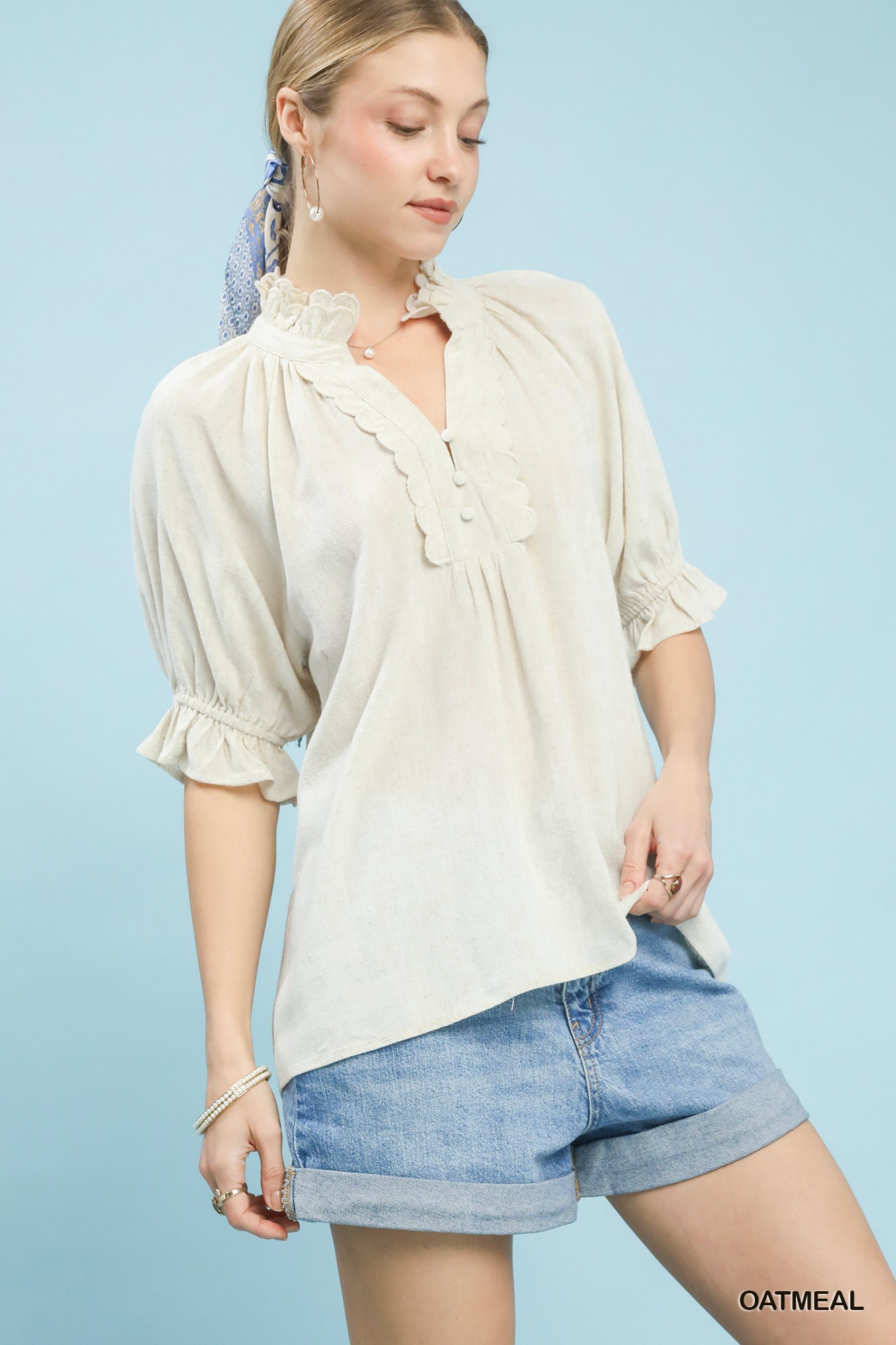 Linen Scalloped Ruffle Neck Blouse, image 4