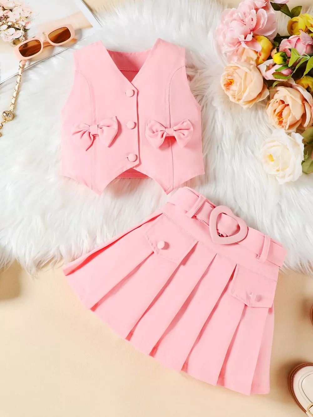 Children's Bowknot Vest & Pleated Skirt Set, image 2