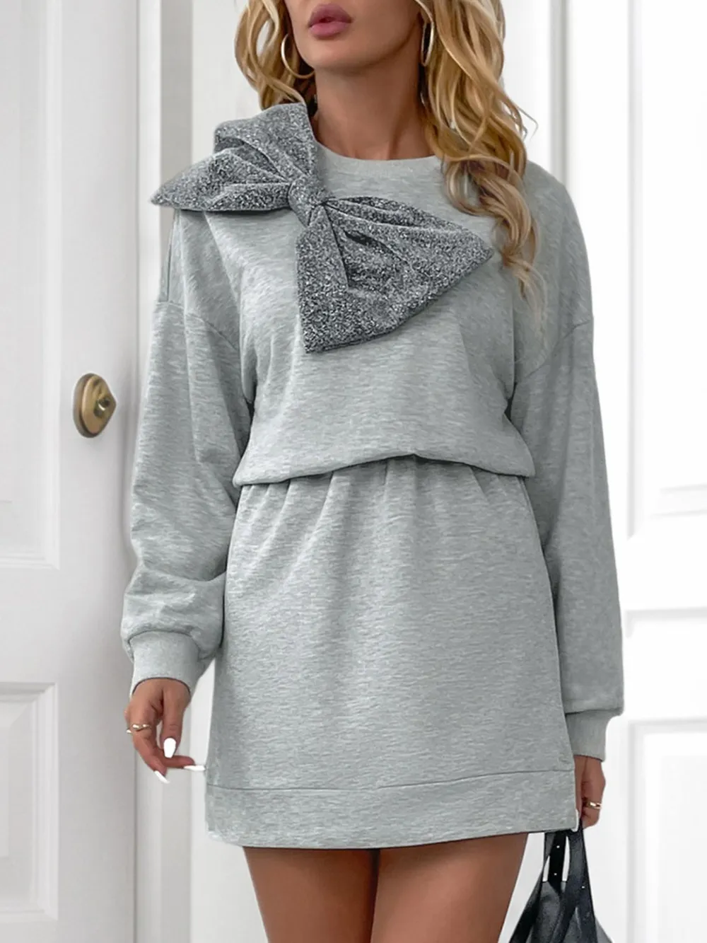 Bow Dropped Shoulder Long Sleeve Mini Dress, image 3