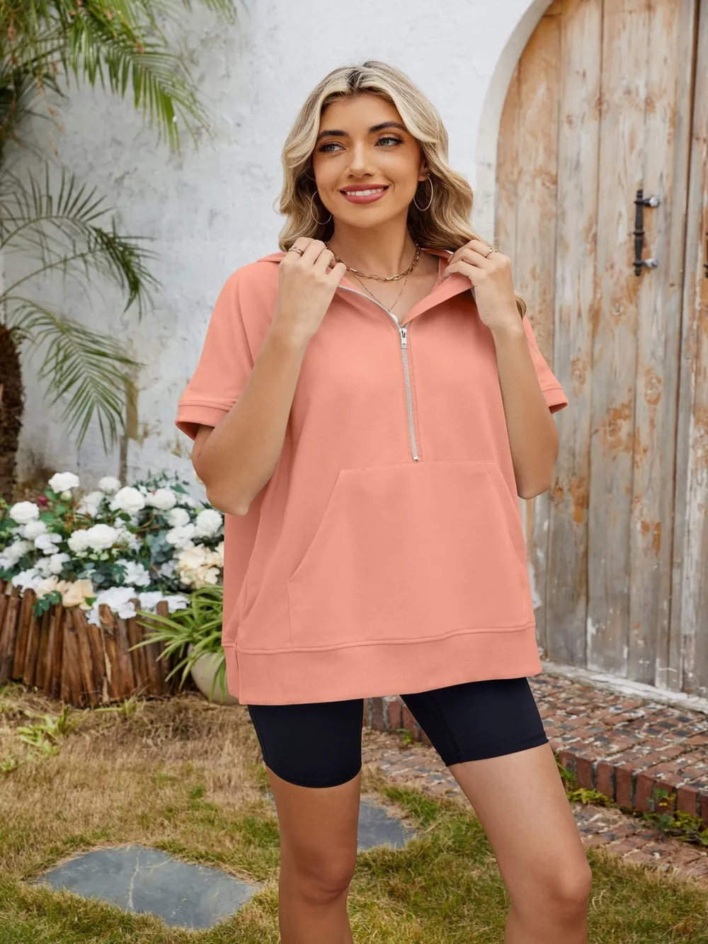 Half Zip Short Sleeve Hooded Top, image 22