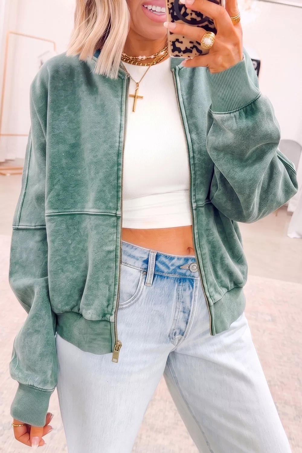 Oversized Washed Zip-Up Long Sleeve Sweatshirt, image 3