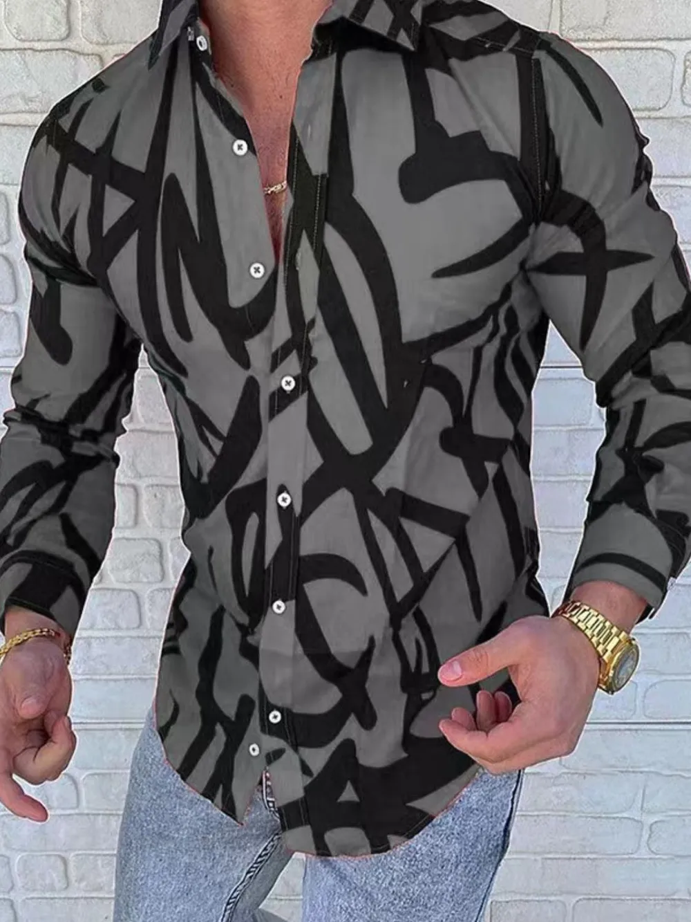 Men's Plus Size Printed Button Up Long Sleeve Shirt