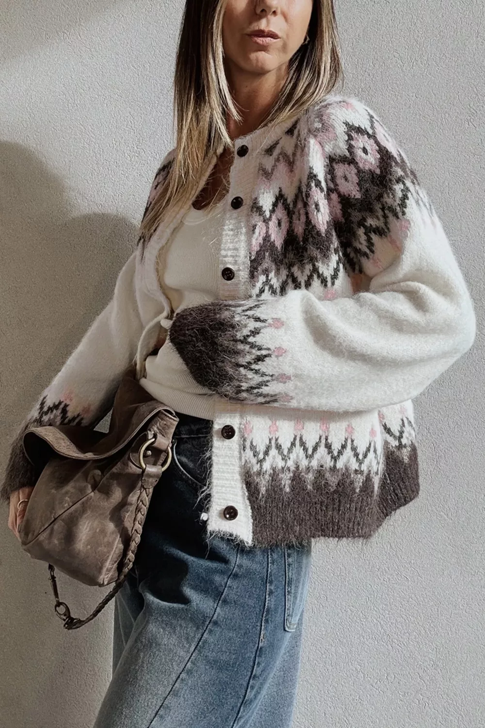Geometric Pattern Brushed Knit Button Cardigan, image 4