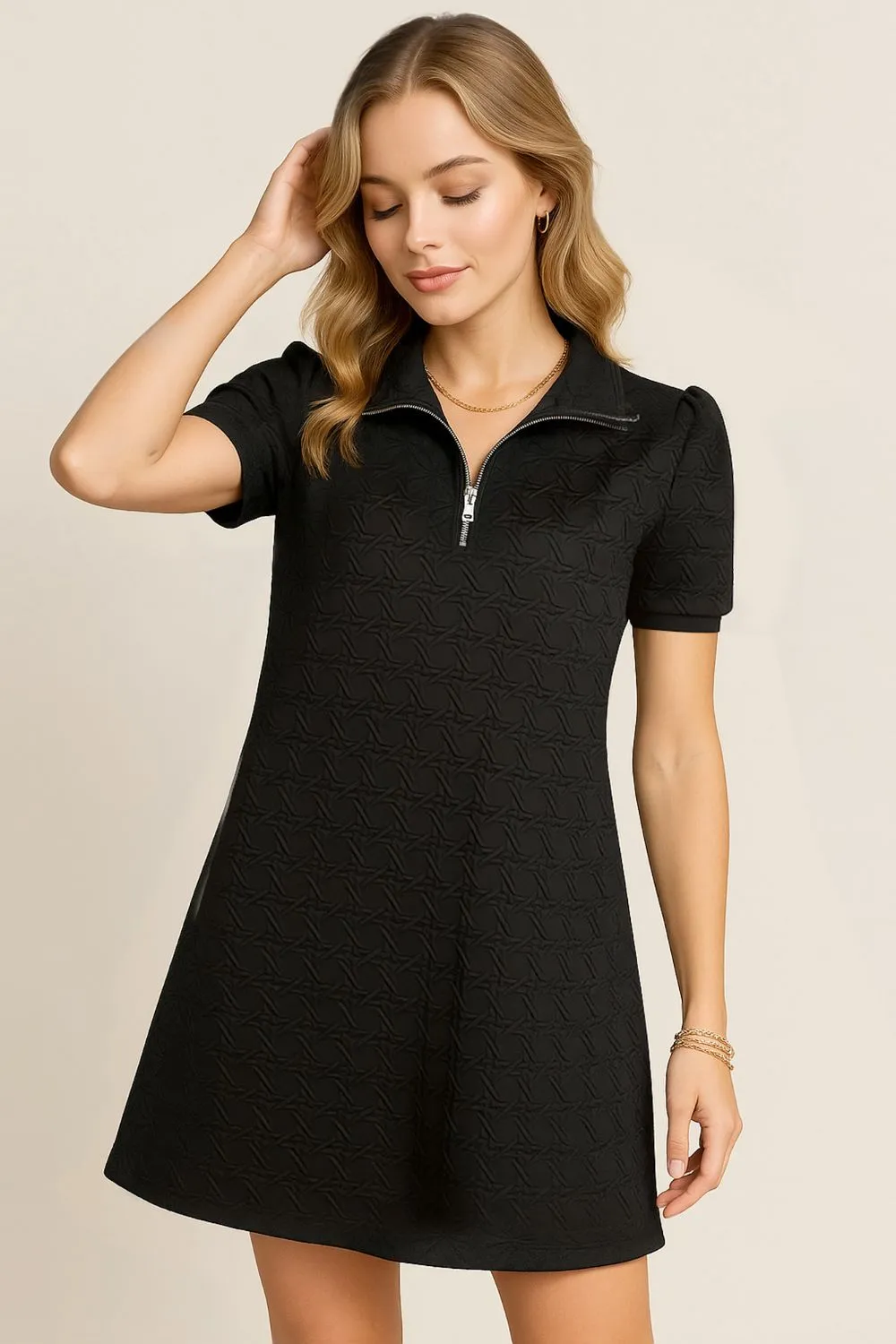 Textured Quarter Zip Short Sleeve Dress