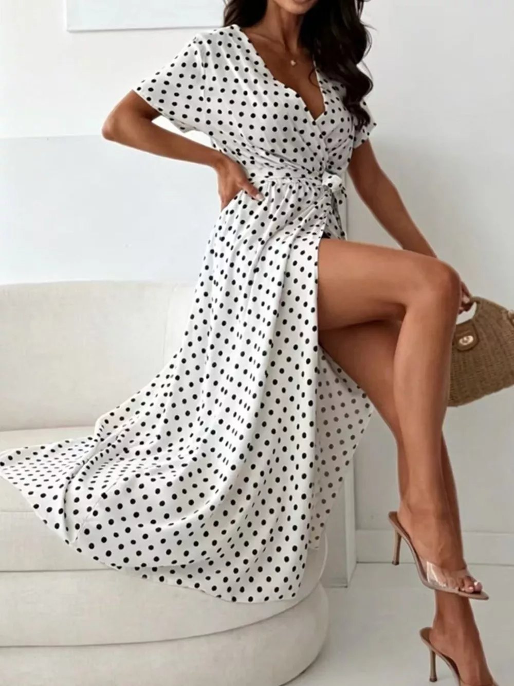 Polka Dot Surplice Maxi Dress with Slit, image 4