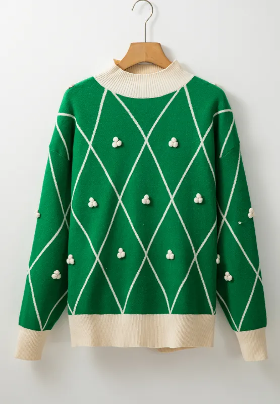 Diamond Pattern Contrast Trim Mock Neck Sweater, image 11