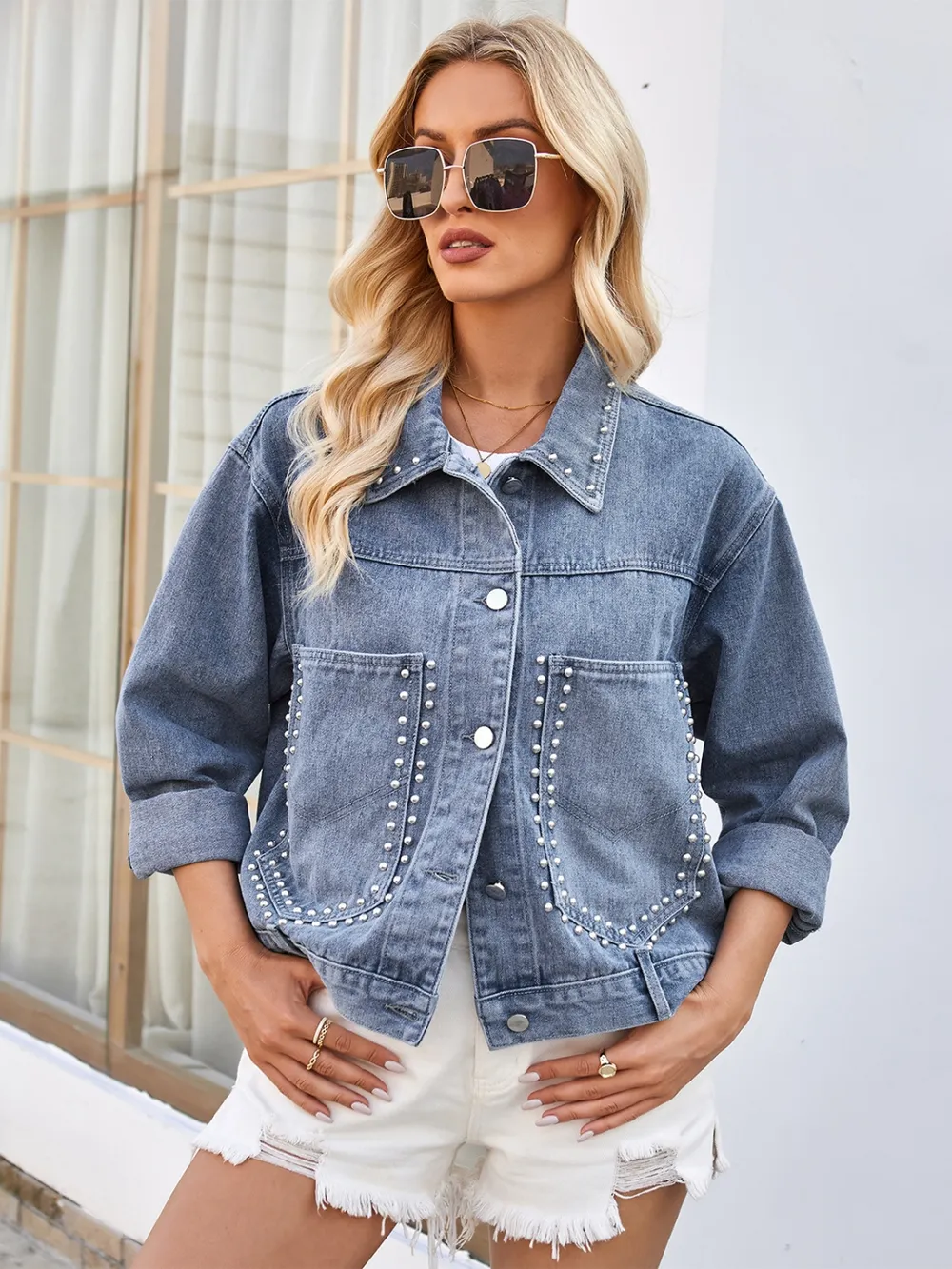 Studded Long Sleeve Denim Jacket, image 3