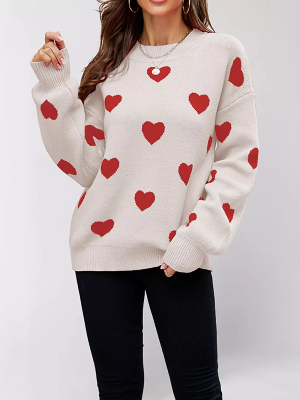 Heart-Patterned Dropped Shoulder Sweater, image 9