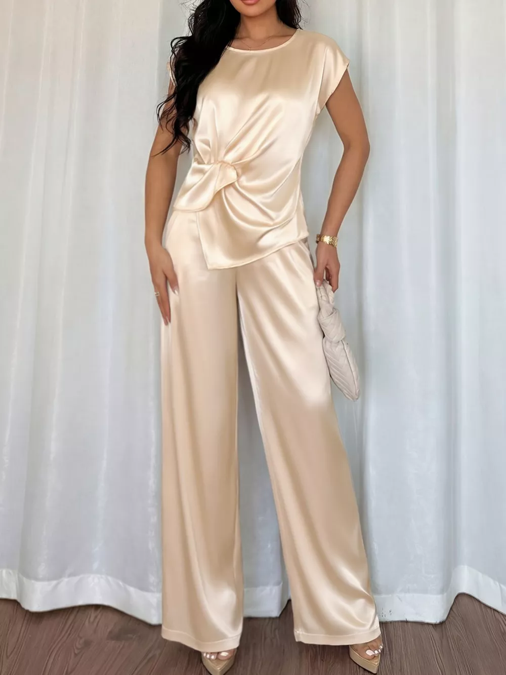 Satin Twist-Front Top and Wide-Leg Pants Set, image 3