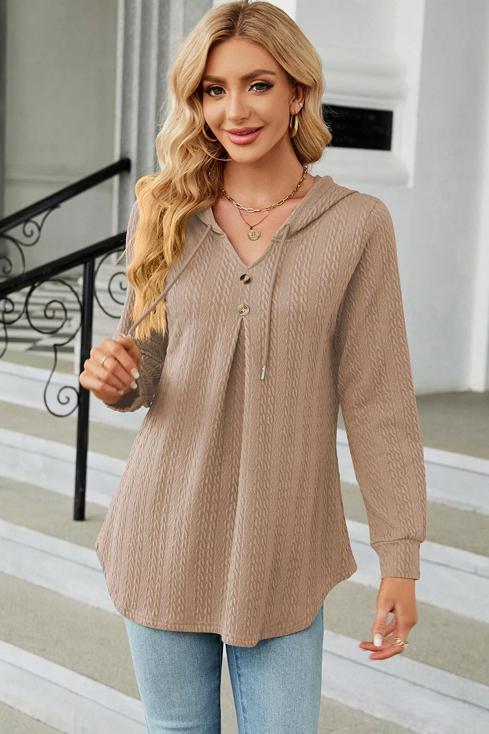 Decorative Button Drawstring Long Sleeve Hoodie, image 16