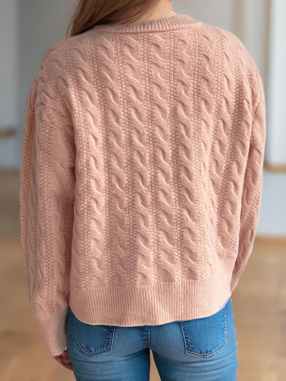 Cable-Knit Round Neck Long Sleeve Cardigan, image 12