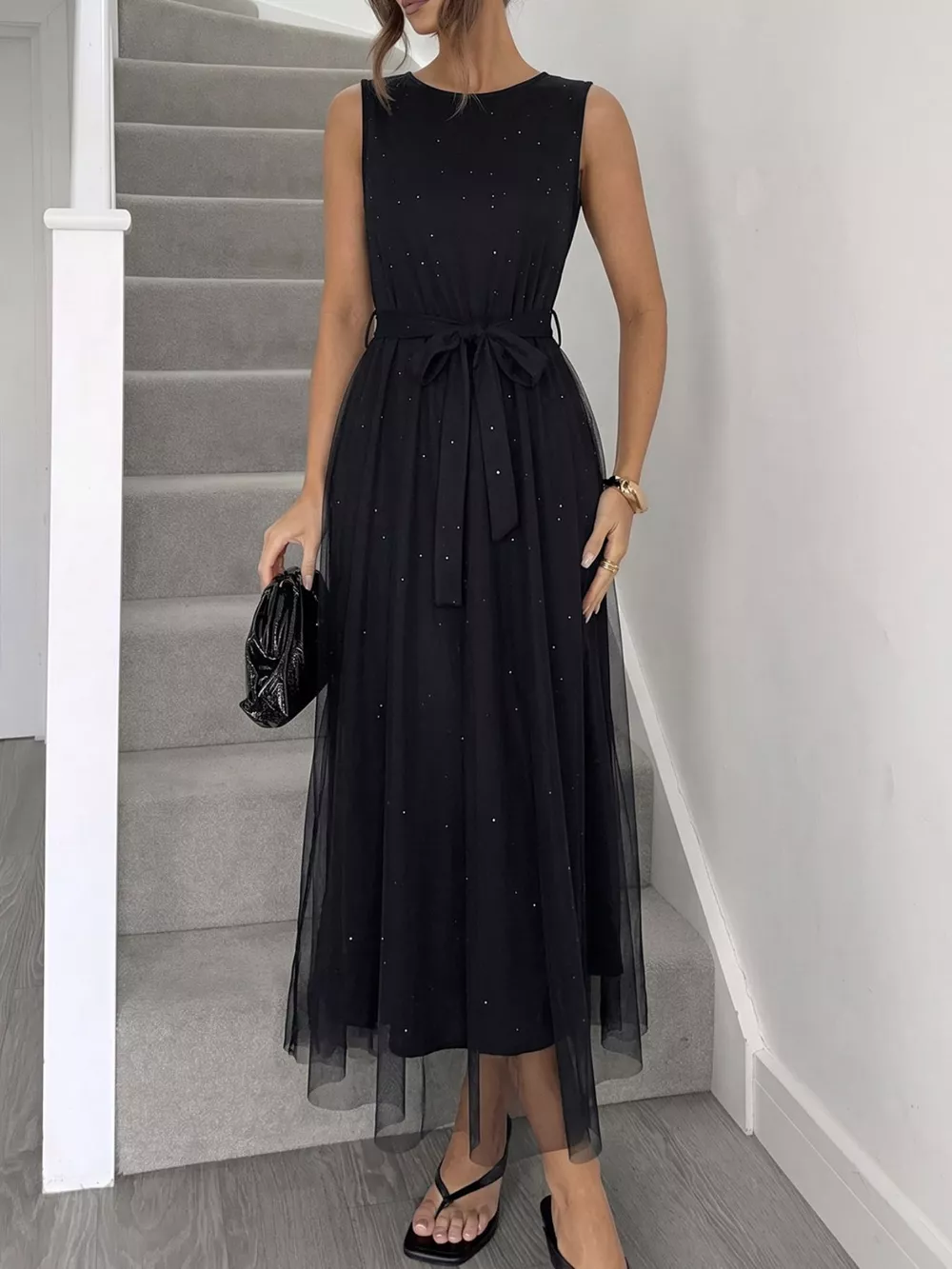 Glitter Sleeveless Tulle Midi Dress, image 4