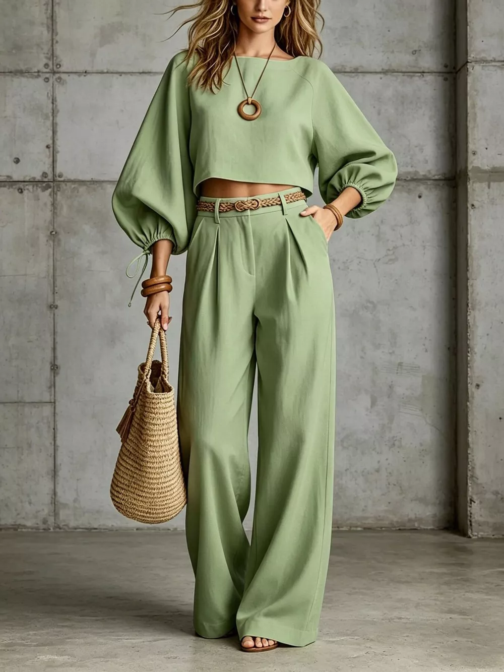 Balloon Sleeve Crop Top and Wide-Leg Pants Set, image 4