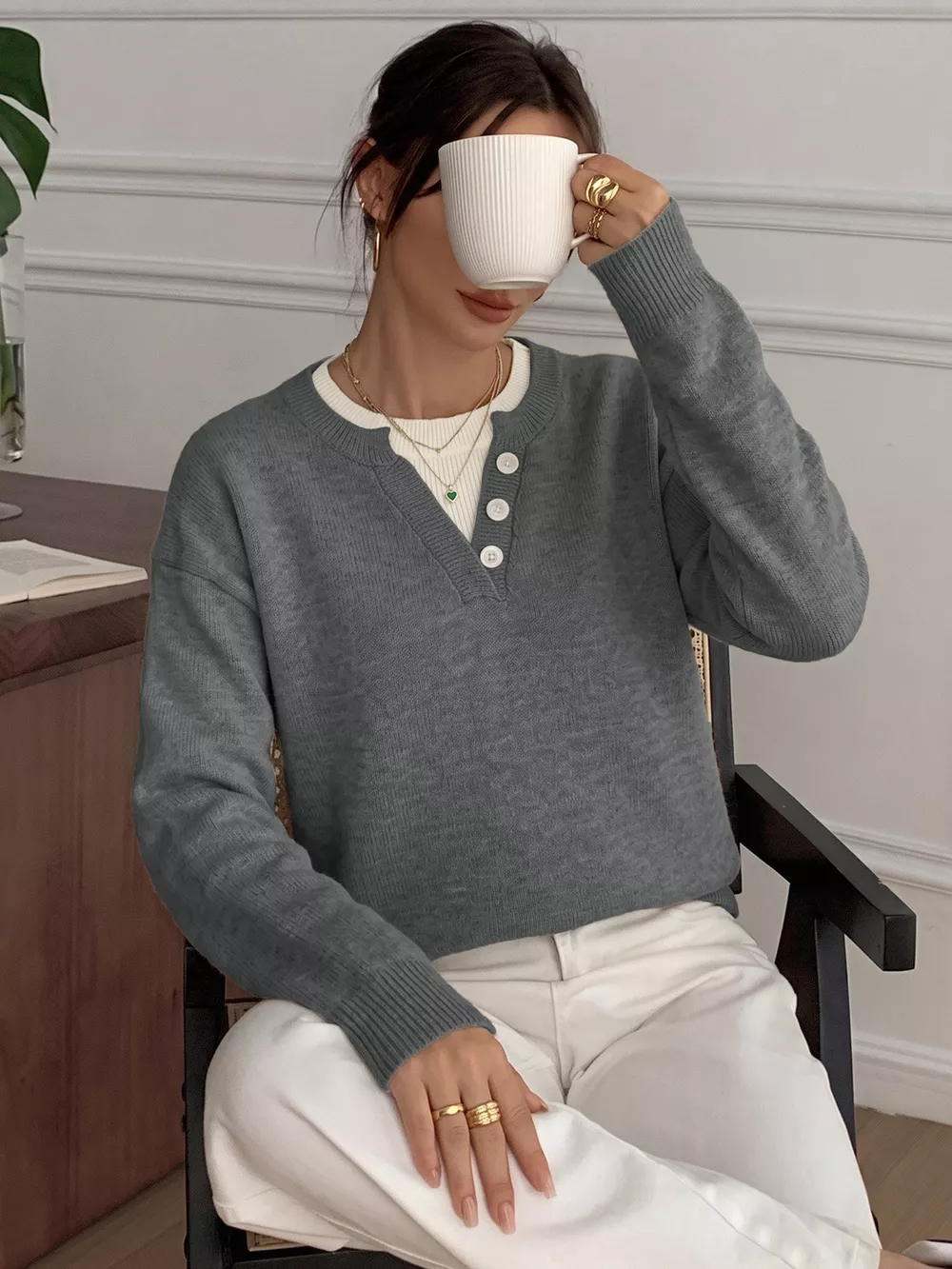 Dropped Shoulder Decorative Button Sweater, image 3
