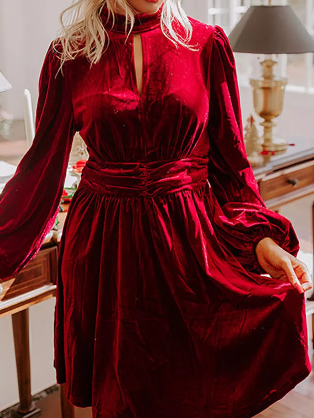 Velvet Mock Neck Balloon Sleeve Dress, image 12