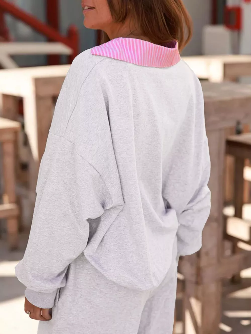 Contrasted Trim Frilled Collar Drop Shoulder Top and Drawstring Pant Set, image 2