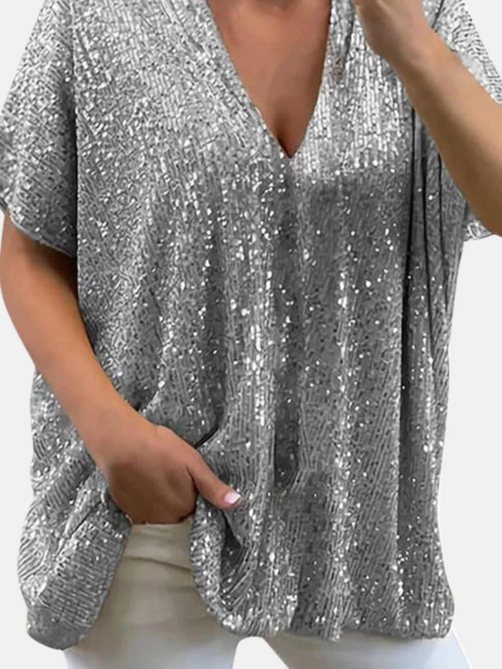 Full Size Sequin V-Neck Short Sleeve Top, image 20