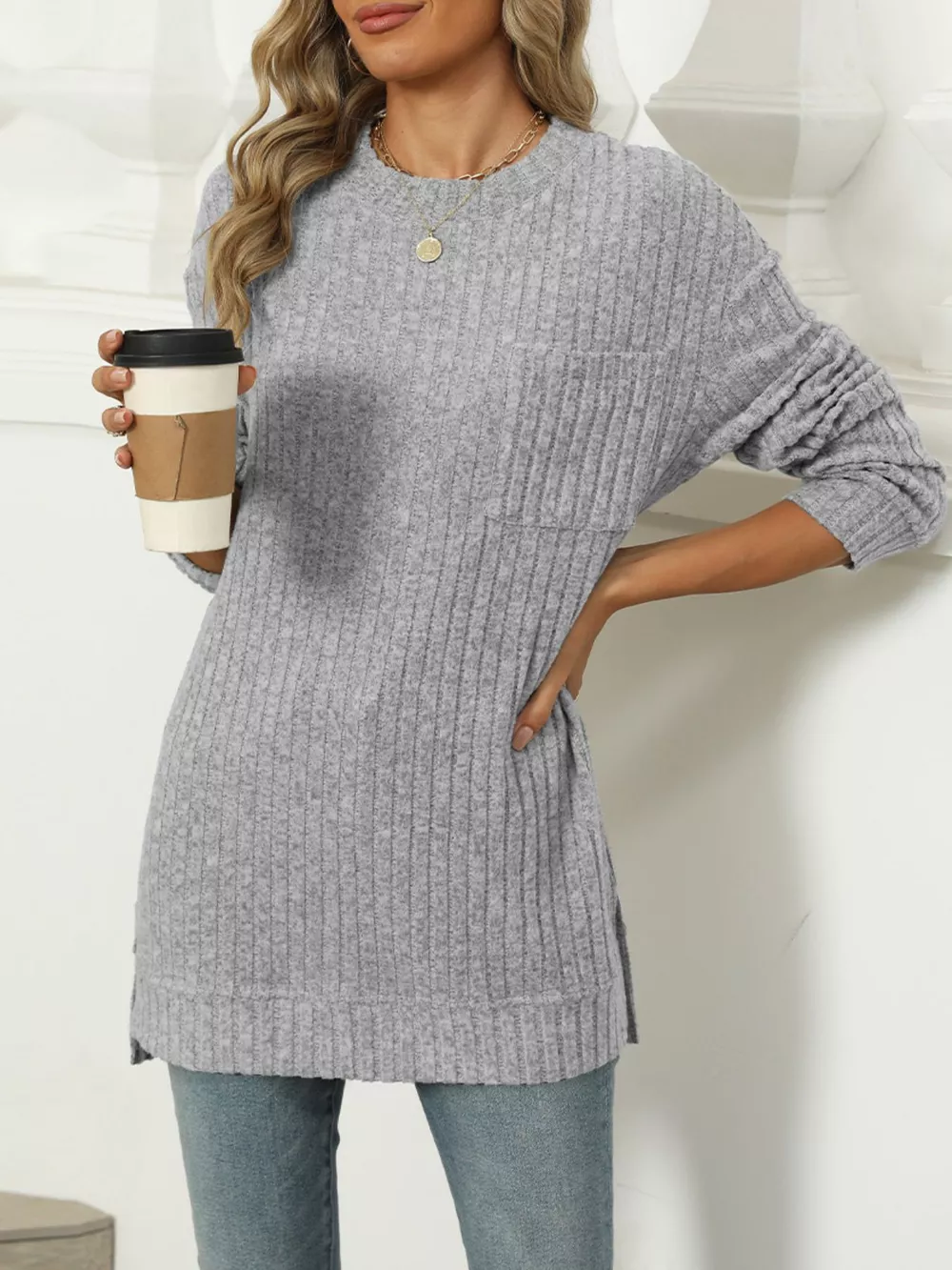 Ribbed Knit Round Neck Sweater, image 19