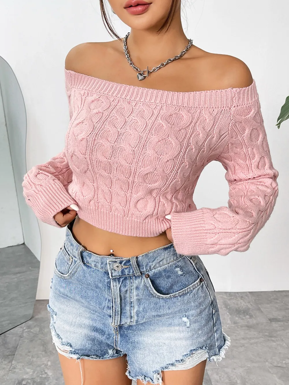 Cable-Knit Off-Shoulder Long Sleeve Knit Top, image 3