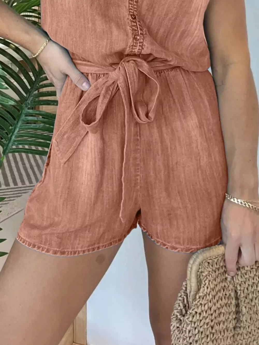 Full Size Tie Waist Cap Sleeve Romper Plus Size, image 8