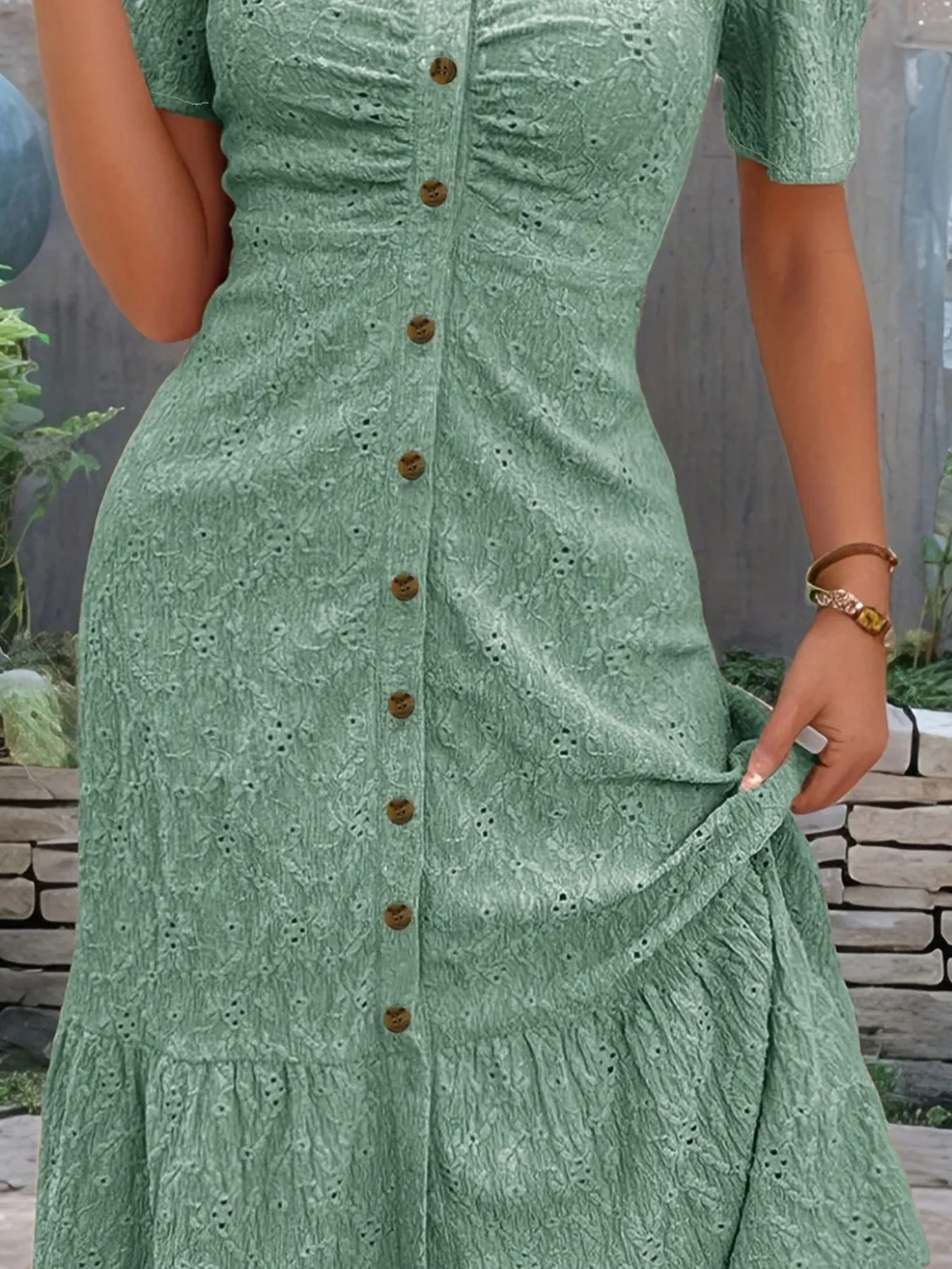 Eyelet Button Front V-Neck Midi Dress, image 11