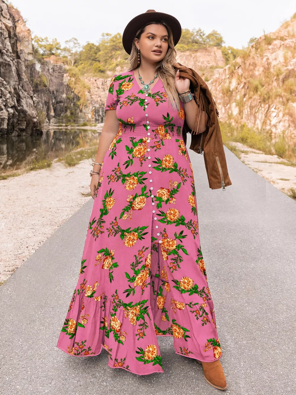 Plus Size Floral V-Neck Short Sleeve Maxi Dress, image 6