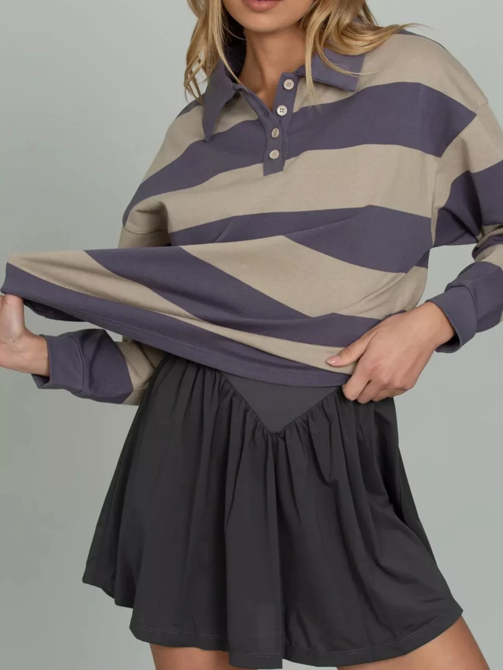 Striped Polo Collar Sweatshirt with Button Details, image 8