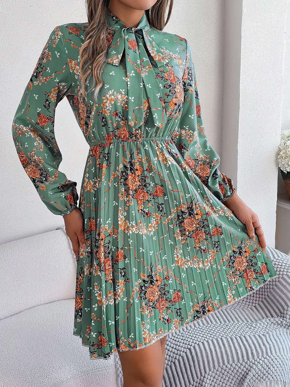 Pleated Printed Tie Neck Long Sleeve Dress, image 8