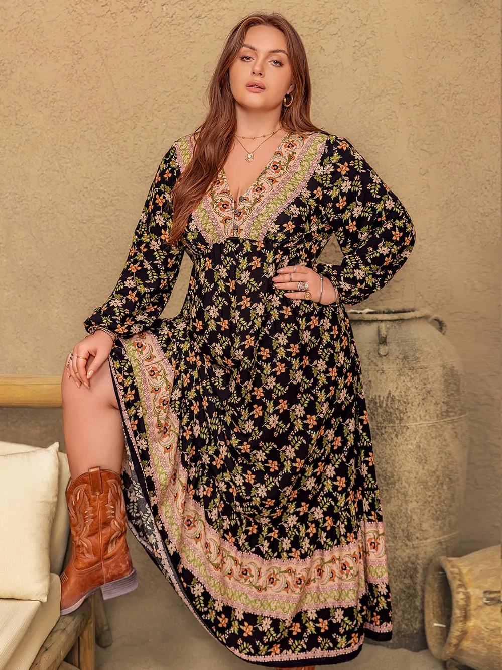 Plus Size Floral V-Neck Balloon Sleeve Dress, image 5