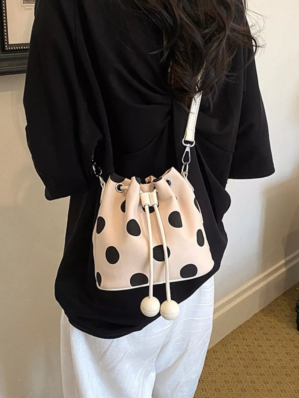 Polka Dot Drawstring Bucket Crossbody Bag, image 4