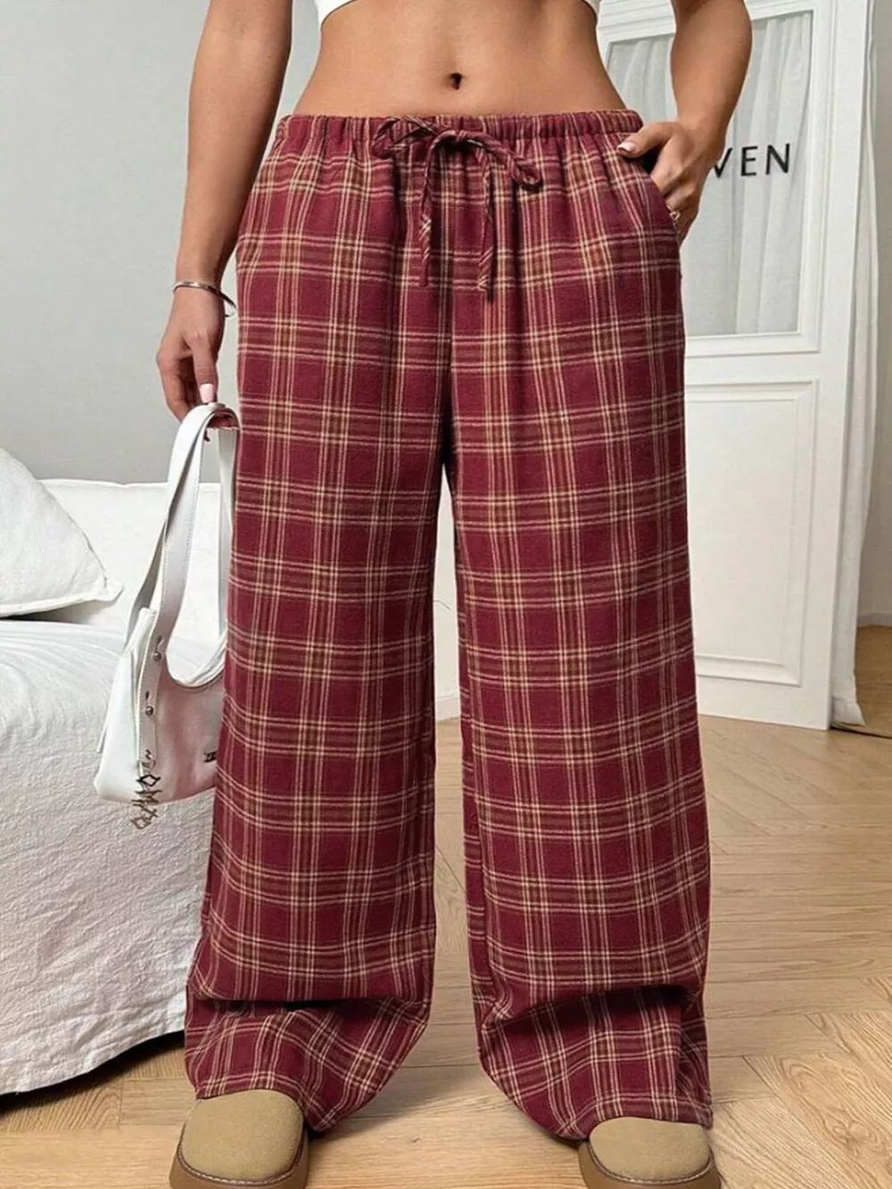 Plaid Drawstring Wide Leg Pants, image 3