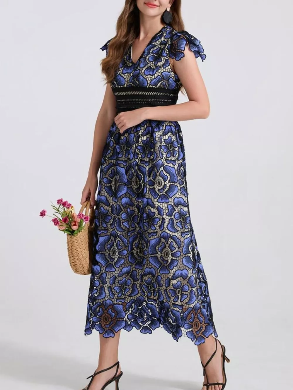 Printed V-Neck Ruffle Sleeve Midi Dress, image 2
