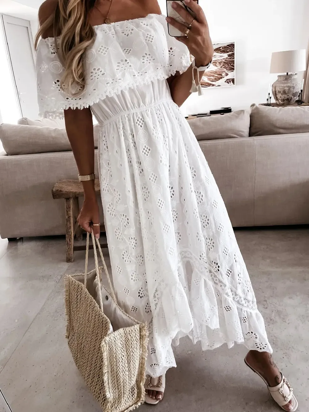 Eyelet Ruffled Hem Off-Shoulder Dress, image 5