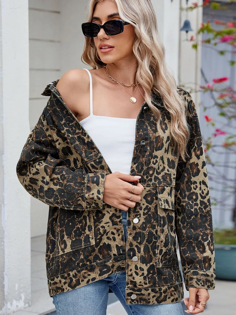 Leopard Button Up Drop Shoulder Denim Jacket, image 7