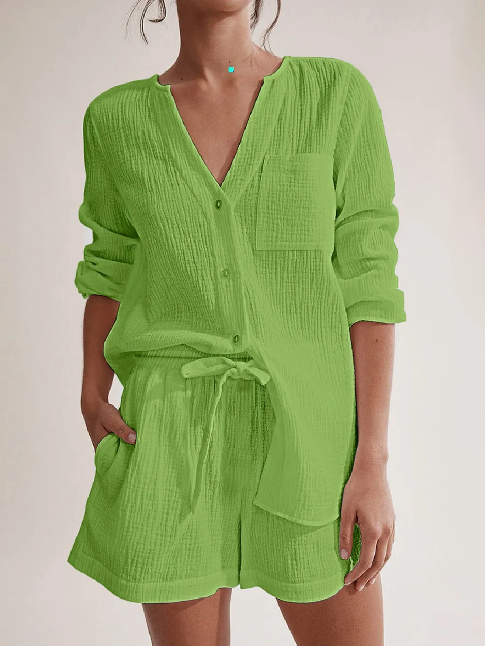 Notched Long Sleeve Top and Shorts Set, image 15