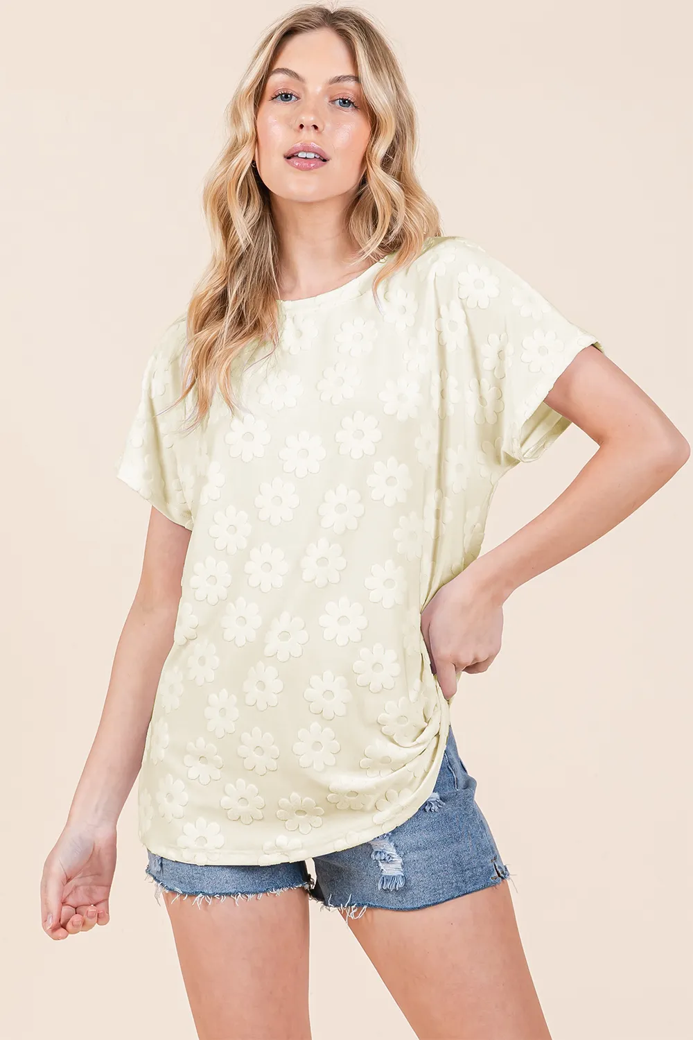 Textured Floral Pattern Short Sleeve T-Shirt, image 3