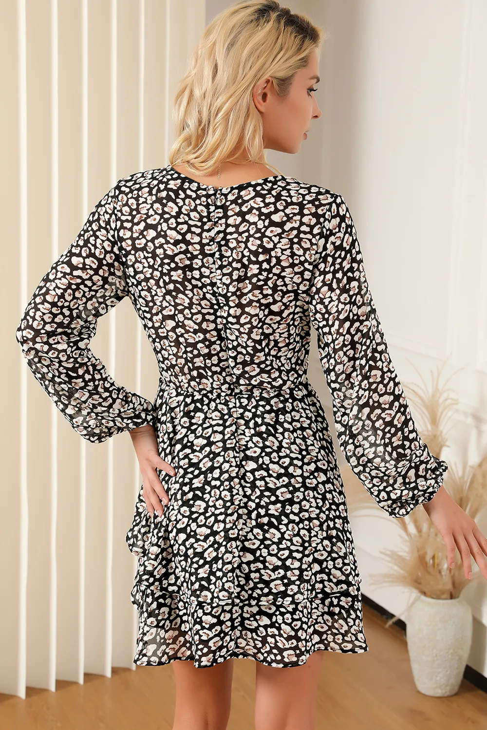 Printed Surplice Balloon Sleeve Mini Dress, image 9