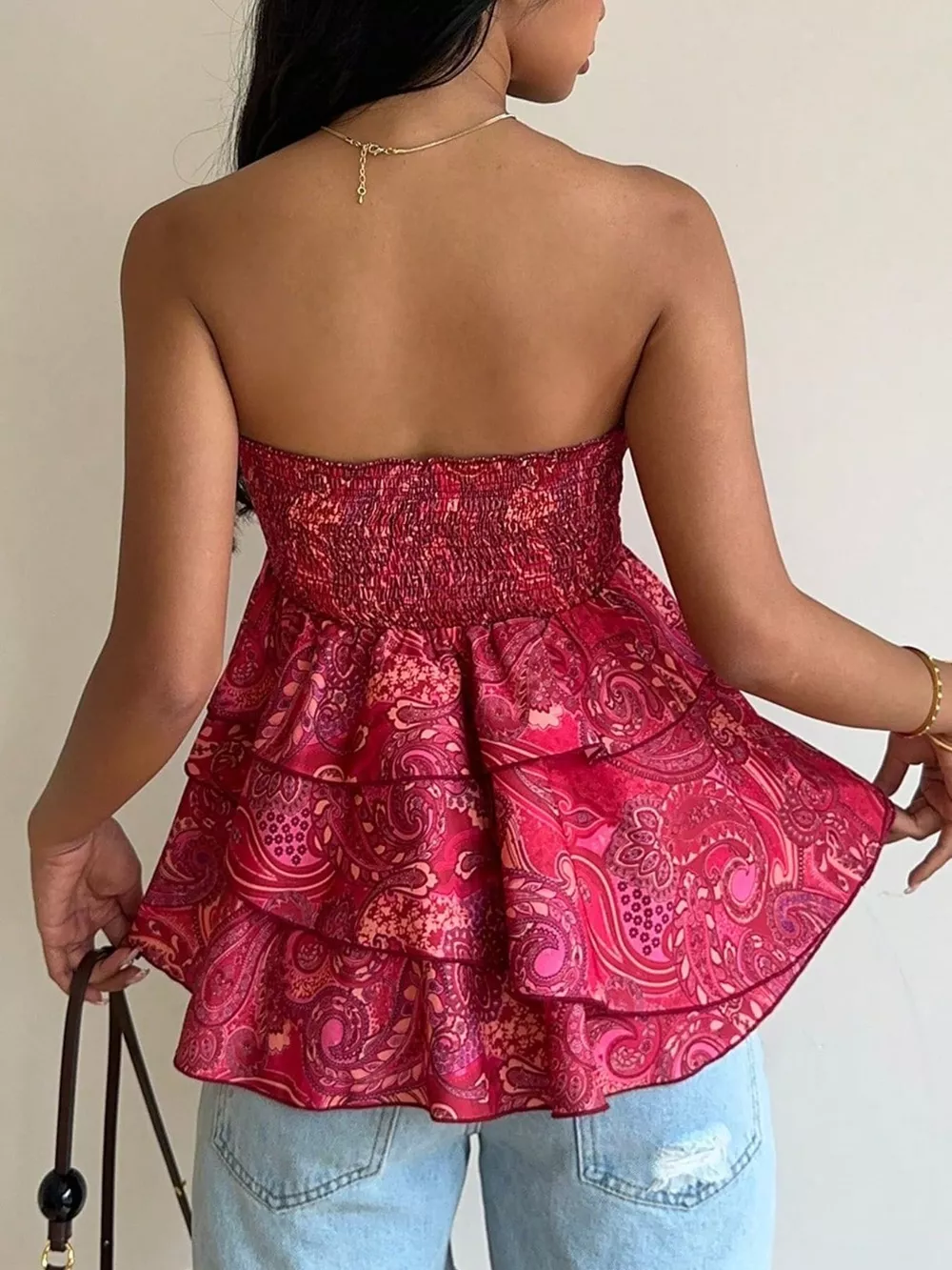 Smocked Layered Paisley Print Tube Top, image 7