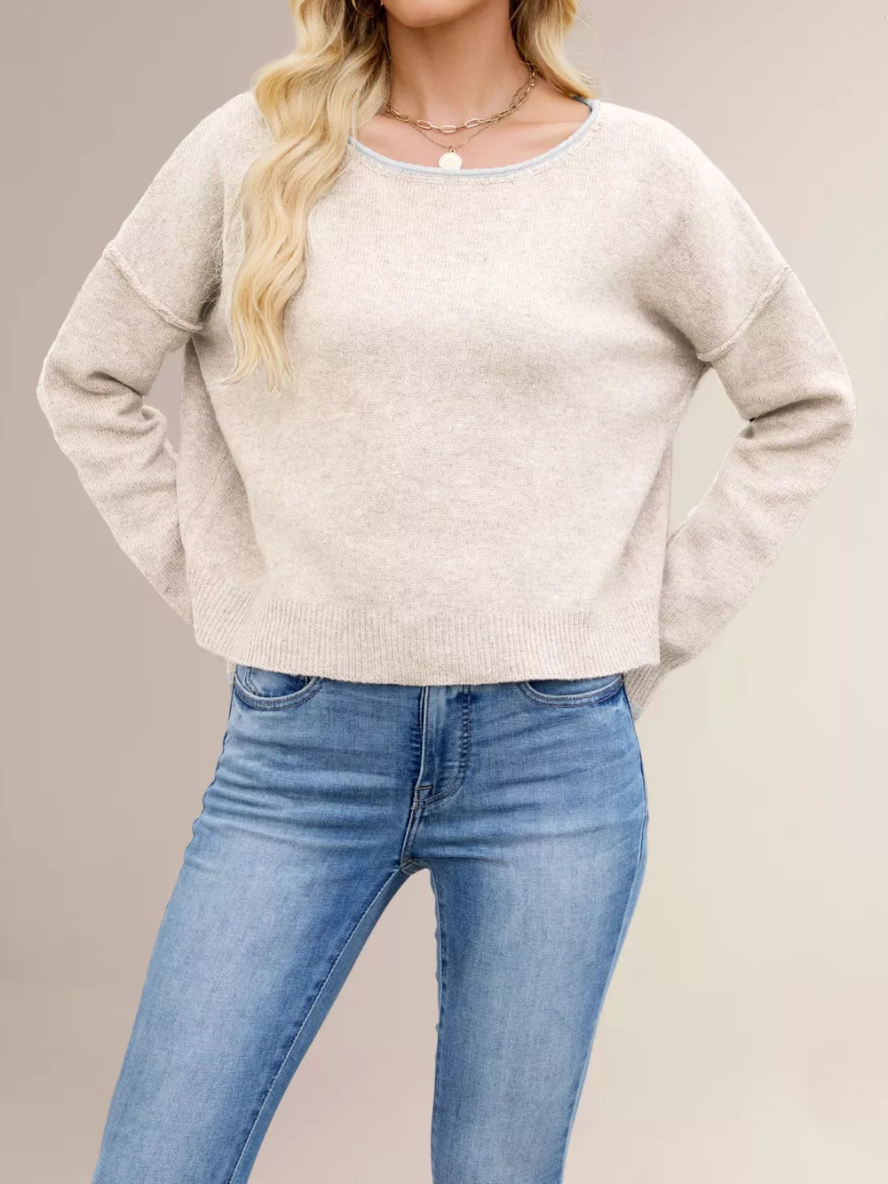 Round Neck Dropped Shoulder Sweater, image 2