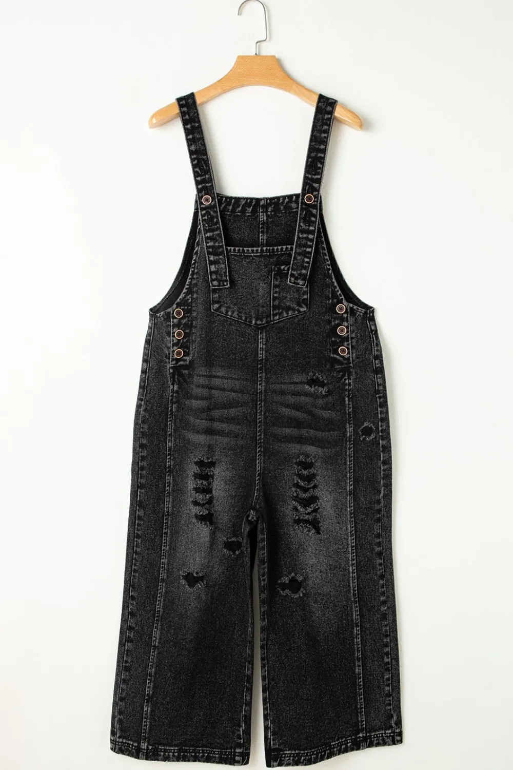 Distressed Wide Strap Denim Overalls, image 7