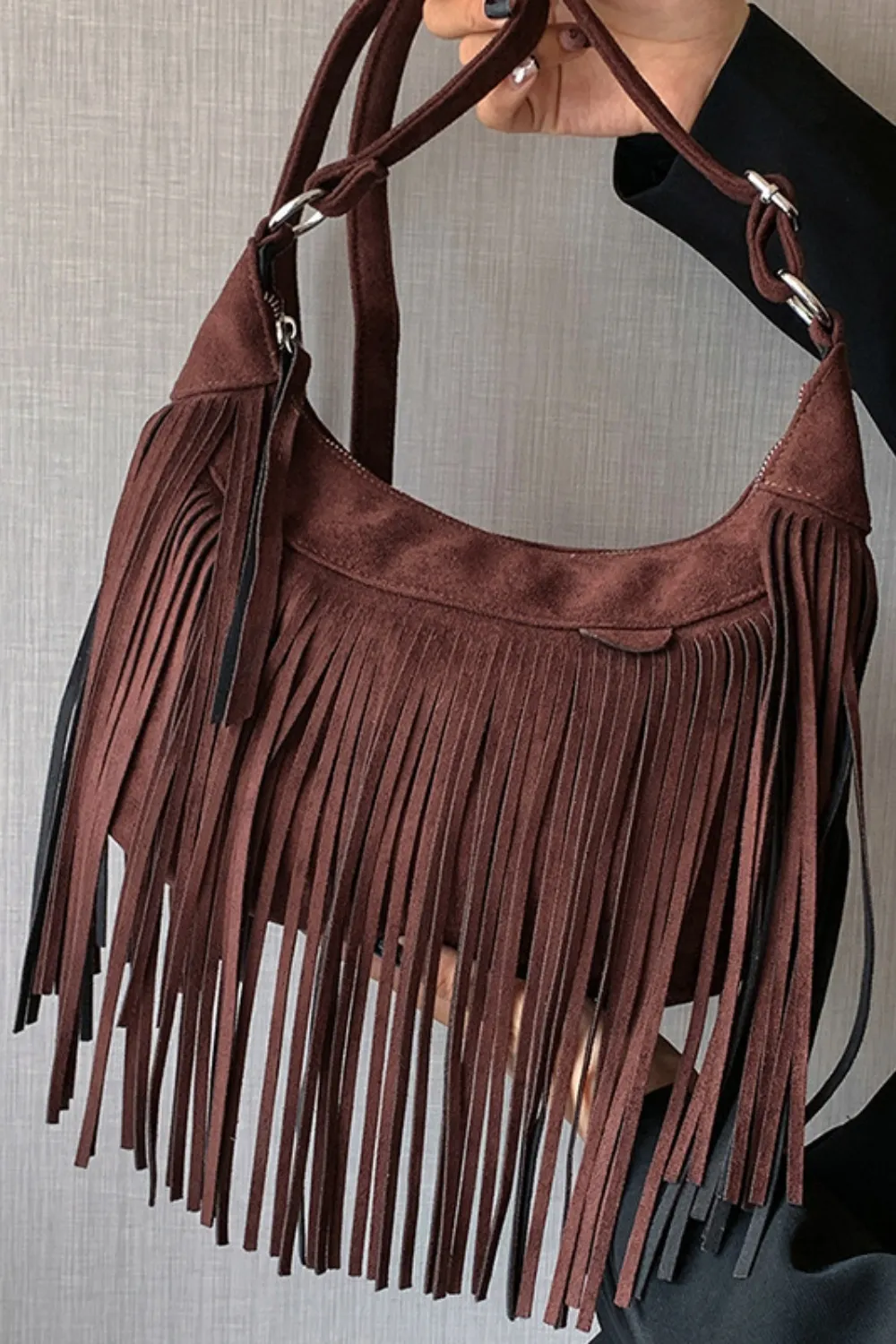 Suede Fringe Adjustable Strap Shoulder Bag, image 12