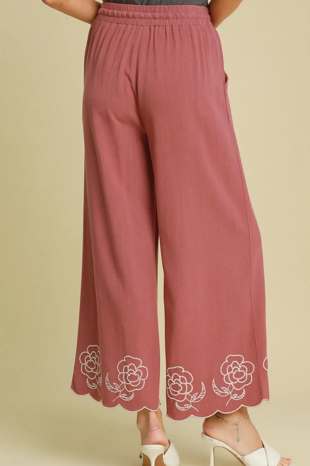 Full Size Linen Blend Wide Leg Pants with Scalloped Hemline Plus Size, image 2