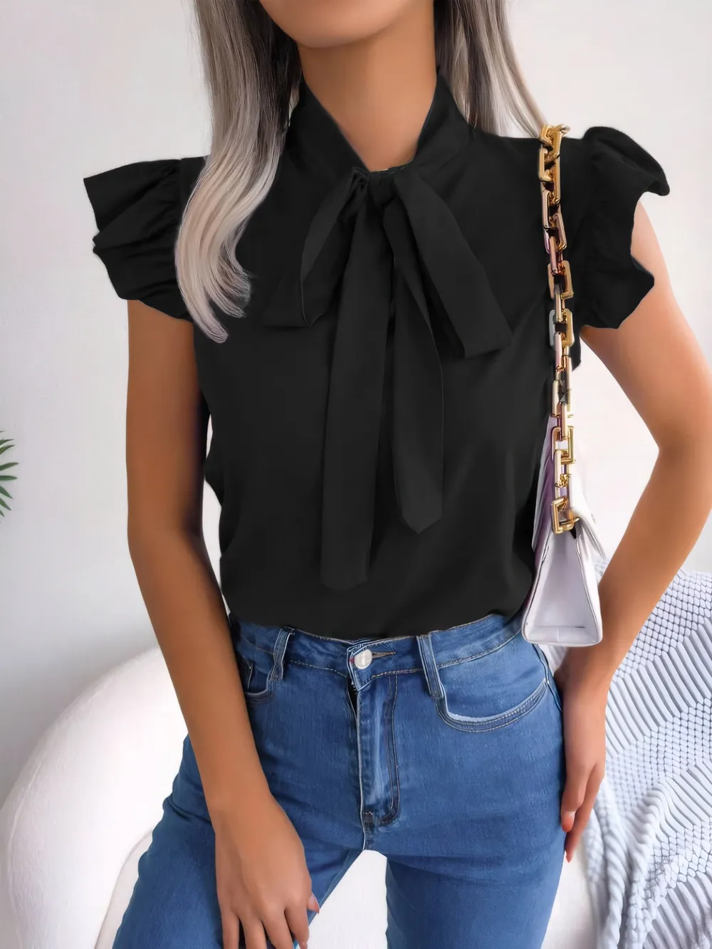 Ruffled Tie Neck Cap Sleeve Blouse, image 8
